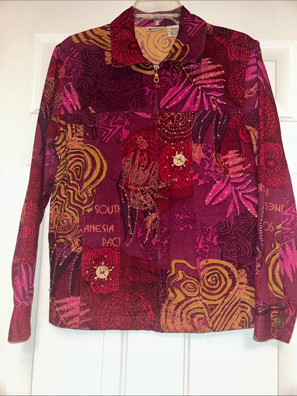 Units Women’s South Pacific Batik Jacket M Purple Pink Maximalist Zip Cotton